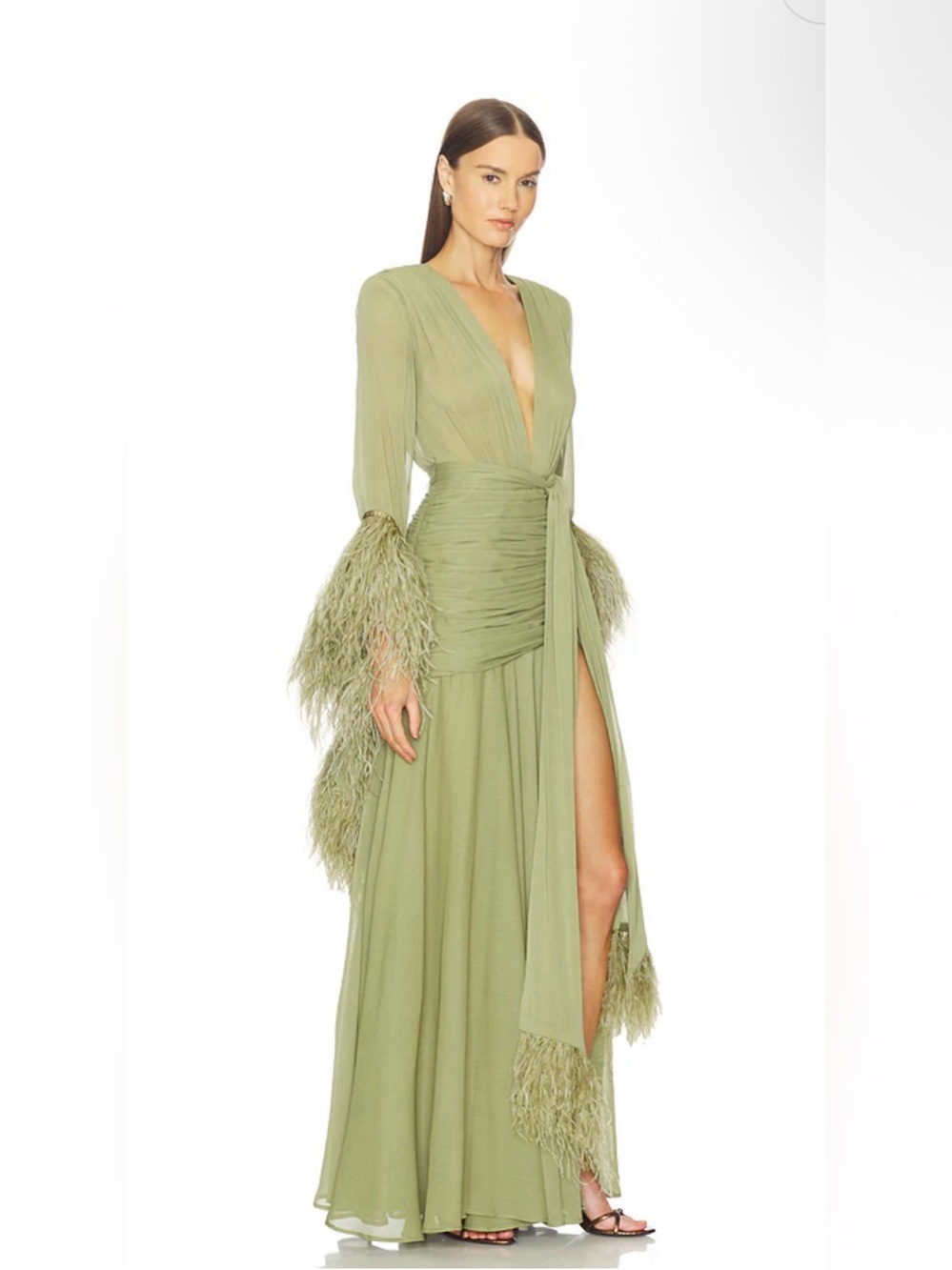 Bronx and Banco Revolve FWRD Geisha Ostrich Feather Gown Sage Green RARE - Picture 2 of 6